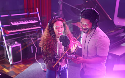 Buy stock photo Technology, singing or musician people on neon studio microphone or music lyrics app in night recording. Singers, collaboration or artists on tablet production, voice media or light sound performance