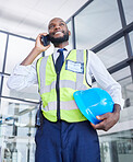 Black man, construction or phone call in building planning, networking or industrial property renovations in low angle. Smile, happy or building worker with mobile technology, helmet or vision ideas