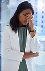 Window, business and black woman with stress, burnout and overworked in office, depression or anxiety. African American female employee, ceo or entrepreneur with headache, mental health or frustrated