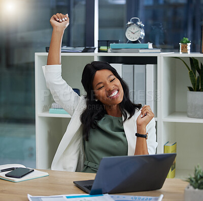 Buy stock photo Celebration, laptop and professional black woman in the office with success, achievement or goal. Happy, smile and African business employee on a computer celebrating her job promotion in workplace.