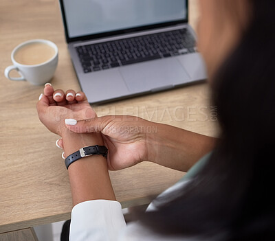 Buy stock photo Woman in the office with wrist pain, injury or arthritis while working on a project with a laptop. Business, professional and female employee with a hand bruise, inflammation or fracture in workplace