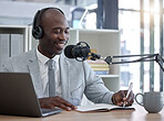 Radio host, black man and networking with laptop, smile and writing for interview, speaking and business influencer. Presenter, African male and speaker with notebook, microphone and audio broadcast