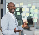 Black man, working portrait and board writing for corporate law schedule with happiness. Lawyer, company strategy and sticky notes of a law firm worker in a office or conference room feeling happy