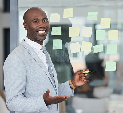 Buy stock photo Black man, working portrait and board writing for corporate law schedule with happiness. Lawyer, company strategy and sticky notes of a law firm worker in a office or conference room feeling happy