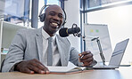 Portrait, microphone and man on laptop for radio, podcast or business influencer in studio, happy and excited. Face, talk show and host by black guy streaming creative, finance and  live audience