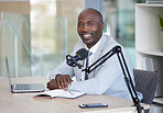 Podcast, portrait and black man with microphone, radio broadcast or content creation in office, laptop and planning. Virtual reporter, news speaker or journalist speaking on live streaming audio show
