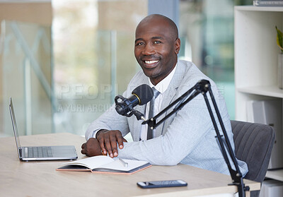 Buy stock photo Podcast, portrait and black man with microphone, radio broadcast or content creation in office, laptop and planning. Virtual reporter, news speaker or journalist speaking on live streaming audio show