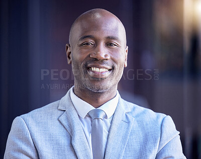 Buy stock photo Portrait, mission or leadership and a business black man in his office with a mindset of future growth. Face, vision and motivation with a male employee looking confident while working as a manager