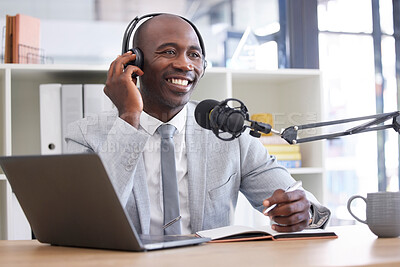 Buy stock photo News, laptop and radio with a black man presenter writing in a notebook during a live broadcast. Computer, podcast and microphone with a male journalist working in media for a talk show or press