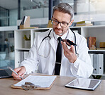 Mature doctor, phone call or hospital clipboard in telehealth consulting, prescription help or test results communication. Talking man, healthcare or mobile technology, paper documents or networking