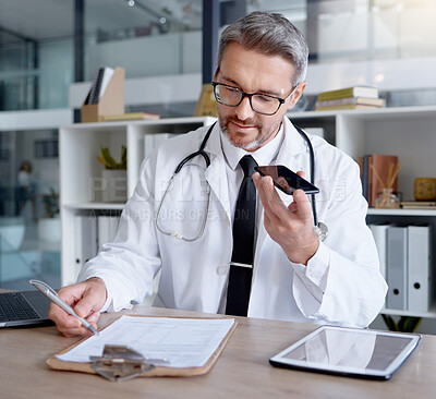 Buy stock photo Mature doctor, phone call or hospital clipboard in telehealth consulting, prescription help or test results communication. Talking man, healthcare or mobile technology, paper documents or networking