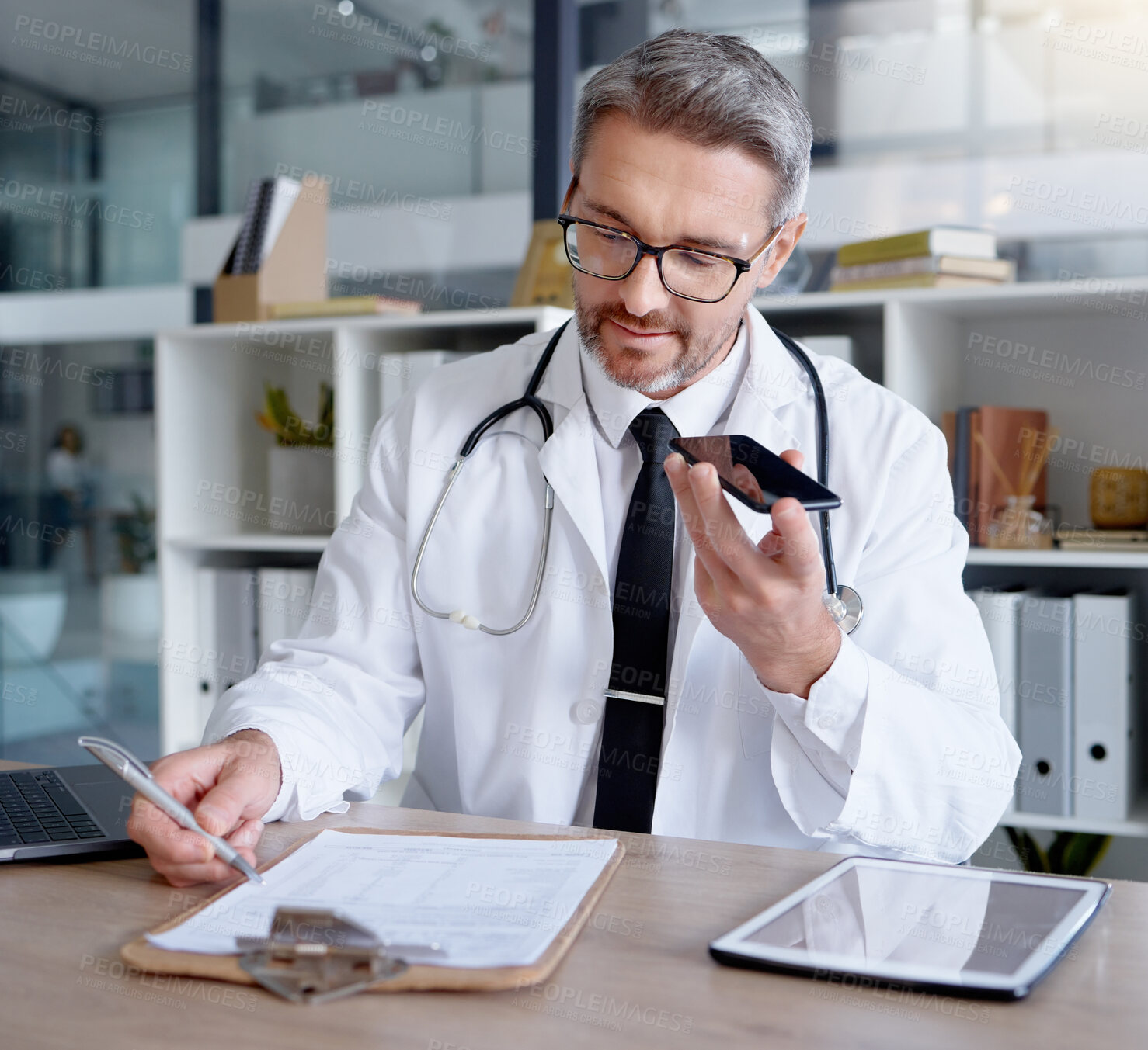 Buy stock photo Mature doctor, phone call or hospital clipboard in telehealth consulting, prescription help or test results communication. Talking man, healthcare or mobile technology, paper documents or networking