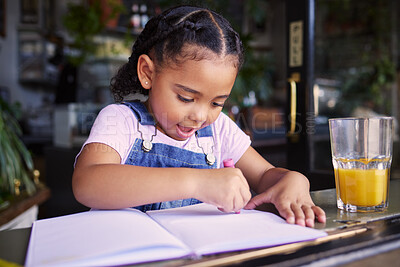 Buy stock photo Little girl, book and color at cafe, creative and drawing with crayons for family day or relax in learning and art. Young kid, growth and writing in education for creativity at coffee shop startup