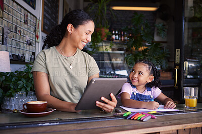 Buy stock photo Black family, children and remote work in a coffee shop with a mother and daughter sitting together by a window. Kids, tablet and freelance business with a woman and female child bonding at a cafe