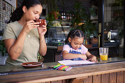Buy stock photo Coffee shop, black family and art with a mother and daughter coloring in a book at a cafe together. Color, caffeine and crayons with a woman and happy female child bonding in a restaurant