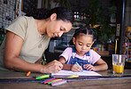 Coffee shop, family and art with a black woman and daughter coloring a book at a cafe window together. Juice, creative and love with a young mother and happy female child bonding in a restaurant