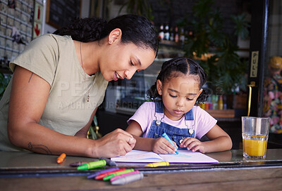 Buy stock photo Coffee shop, family and art with a black woman and daughter coloring a book at a cafe window together. Juice, creative and love with a young mother and happy female child bonding in a restaurant