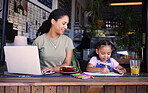 Coffee shop, laptop and coloring with a mother and daughter at a cafe window together for remote work or fun. Kids, internet and art with a woman and happy female child bonding in a restaurant
