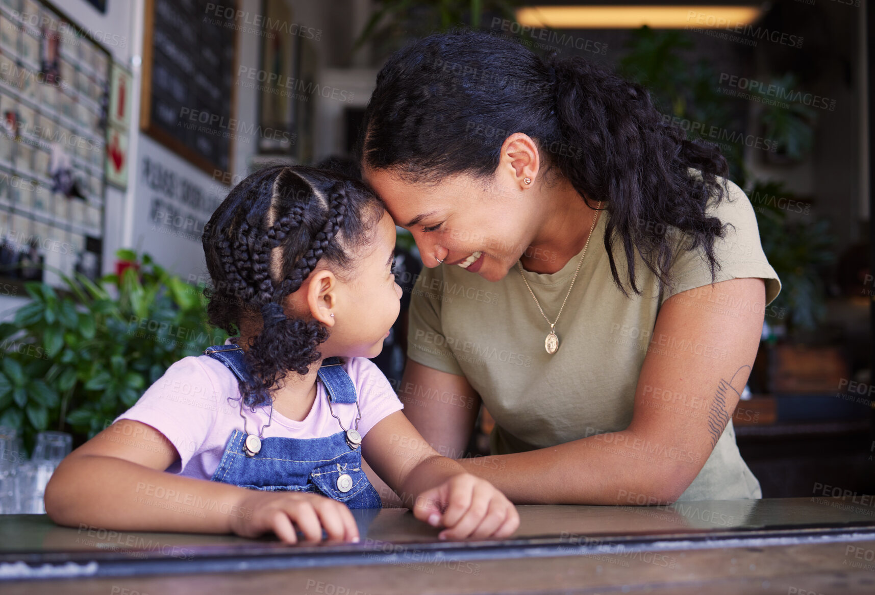 Buy stock photo Happy, smile and mother and daughter in cafe for bonding, quality time and relax at breakfast. Support, happiness and shopping with mom and child in restaurant for affectionate, peace and sweet