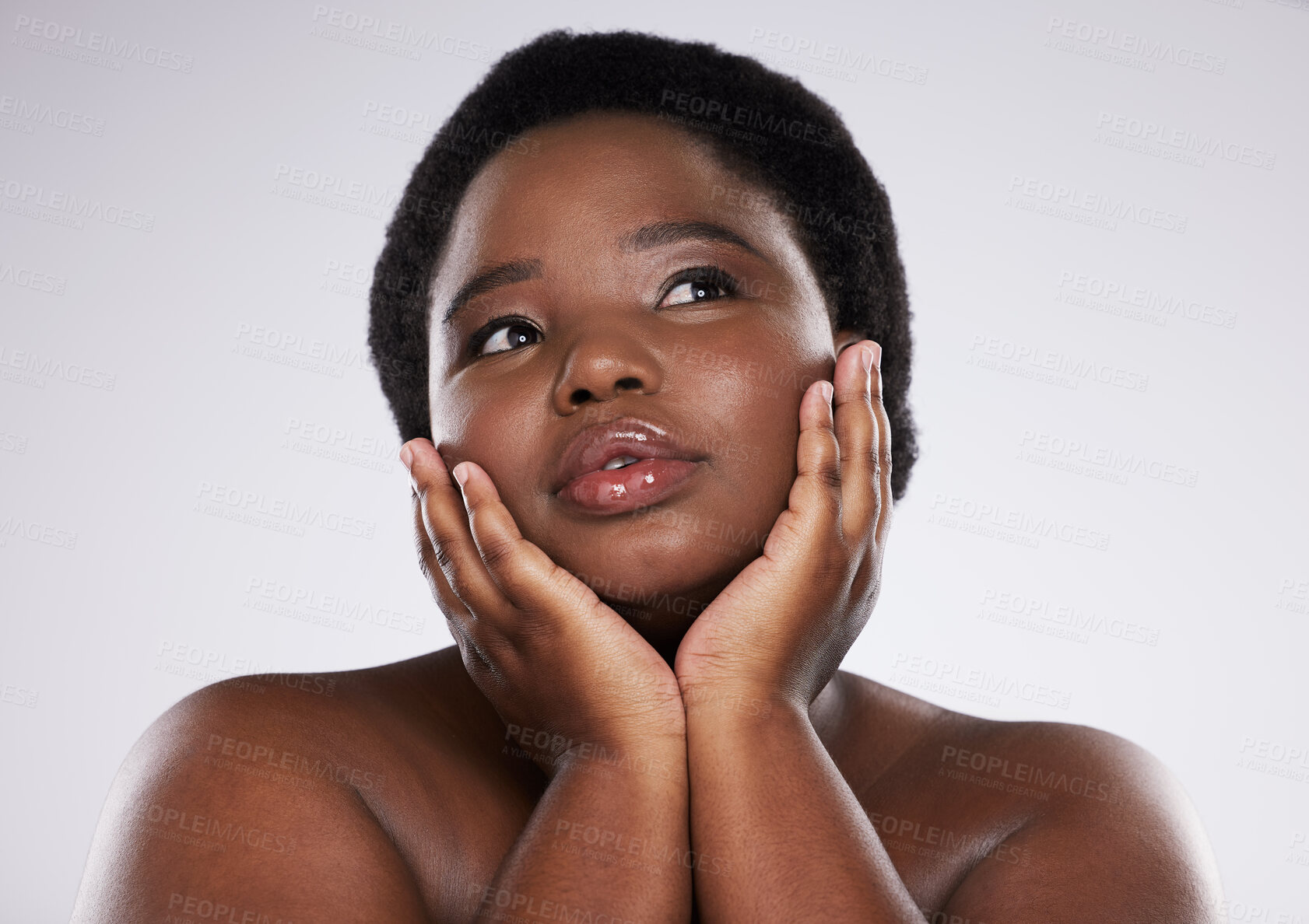 Buy stock photo Skincare, beauty aesthetic and face of black woman in studio for facial treatment, makeup and cosmetics. Natural, self love and plus size girl pose with hands for glowing skin, health and wellness