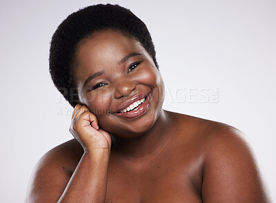 Buy stock photo Happy black woman, portrait smile and skincare beauty with teeth, cosmetics or makeup against a gray studio background. African American female smiling in satisfaction for self love, care or facial