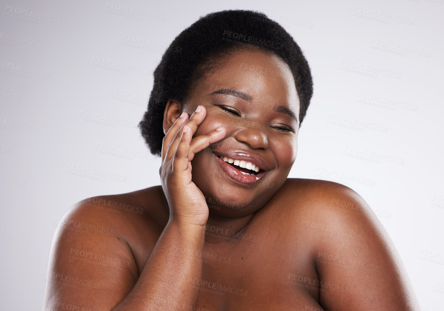 Buy stock photo Body wellness, skincare and smile of black woman in studio for health, beauty and luxury cosmetics. Spa, aesthetic, dermatology and face of plus size girl with glowing skin, self love and makeup