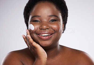 Buy stock photo Black woman, portrait and cream for skin in studio for cosmetic beauty, smile and happiness by background. Facial product, happy african model and skin glow with natural aesthetic for face wellness