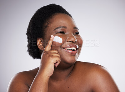 Buy stock photo Beauty, cream and black woman isolated on a white background for skincare, product or apply cosmetics. African model or person face with collagen, moisturizer 
and dermatology idea in studio mockup