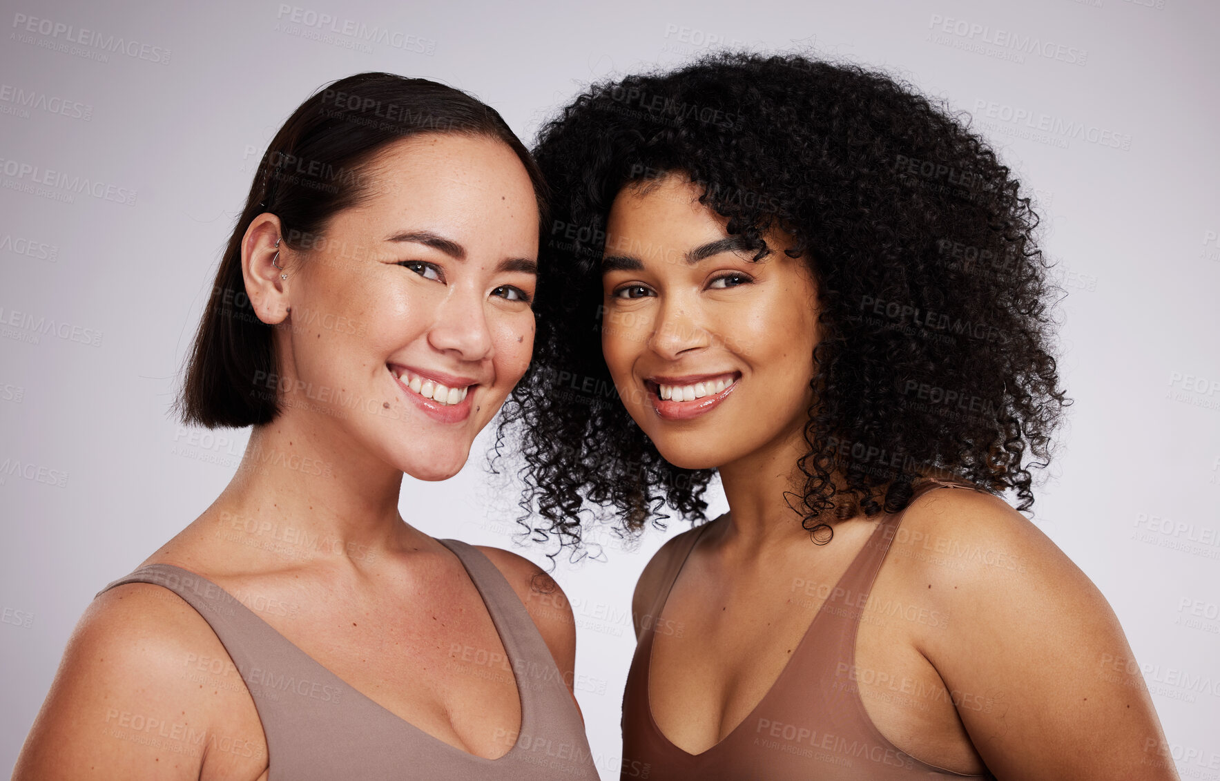 Buy stock photo Women, face and diversity with portrait, smile with skincare for different skin color with beauty isolated on studio background. Natural cosmetics, glow and dermatology, inclusion and facial care