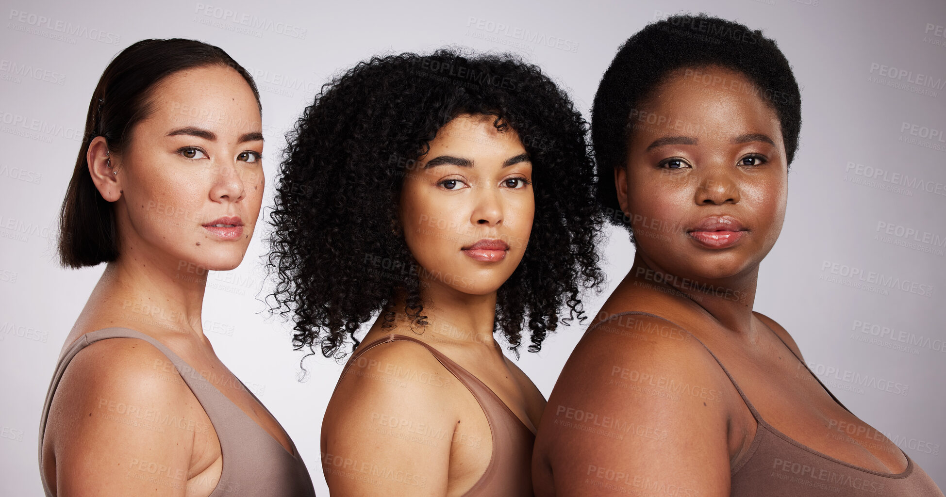 Buy stock photo Women, diversity studio portrait and beauty for aesthetic, care or race equality with plus size solidarity. Model, asian and black woman with cosmetics, makeup and wellness with support by background