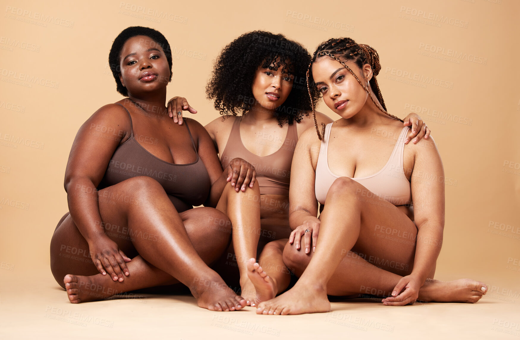 Buy stock photo Diversity women, skin and beauty portrait with friends group together for inclusion and power. Natural body model people on beige background with glow, pride and self love motivation in underwear