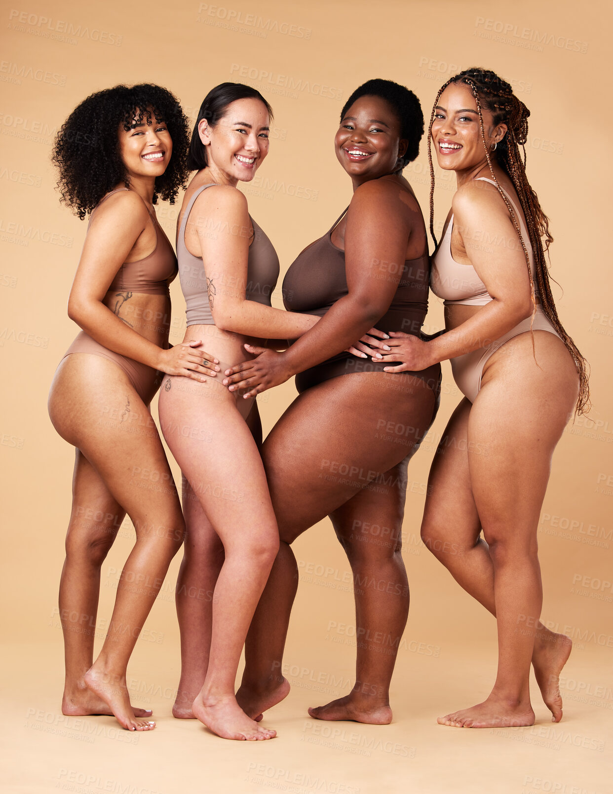 Buy stock photo Body, skin and diversity women portrait in studio for inclusion, beauty and power. Underwear model or friends group on beige background with cellulite, pride and motivation for self love it skincare