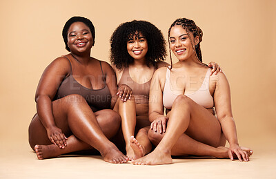 Buy stock photo Body, skin and portrait of diversity women group together for inclusion, beauty and power. Aesthetic model friends on beige background for skincare glow, pride and motivation for underwear self love