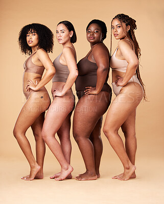 Buy stock photo Body positivity, skin and portrait of women group together for inclusion, beauty and power. Aesthetic model friends on beige background with underwear cellulite, pride and motivation for self love