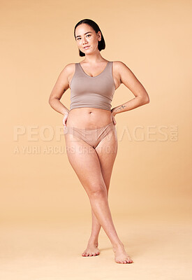 Buy stock photo Portrait, woman and body positivity for empowerment, underwear and skincare on studio background. Face, female or lady in bikini, confidence or beauty with motivation, fitness or wellness on backdrop