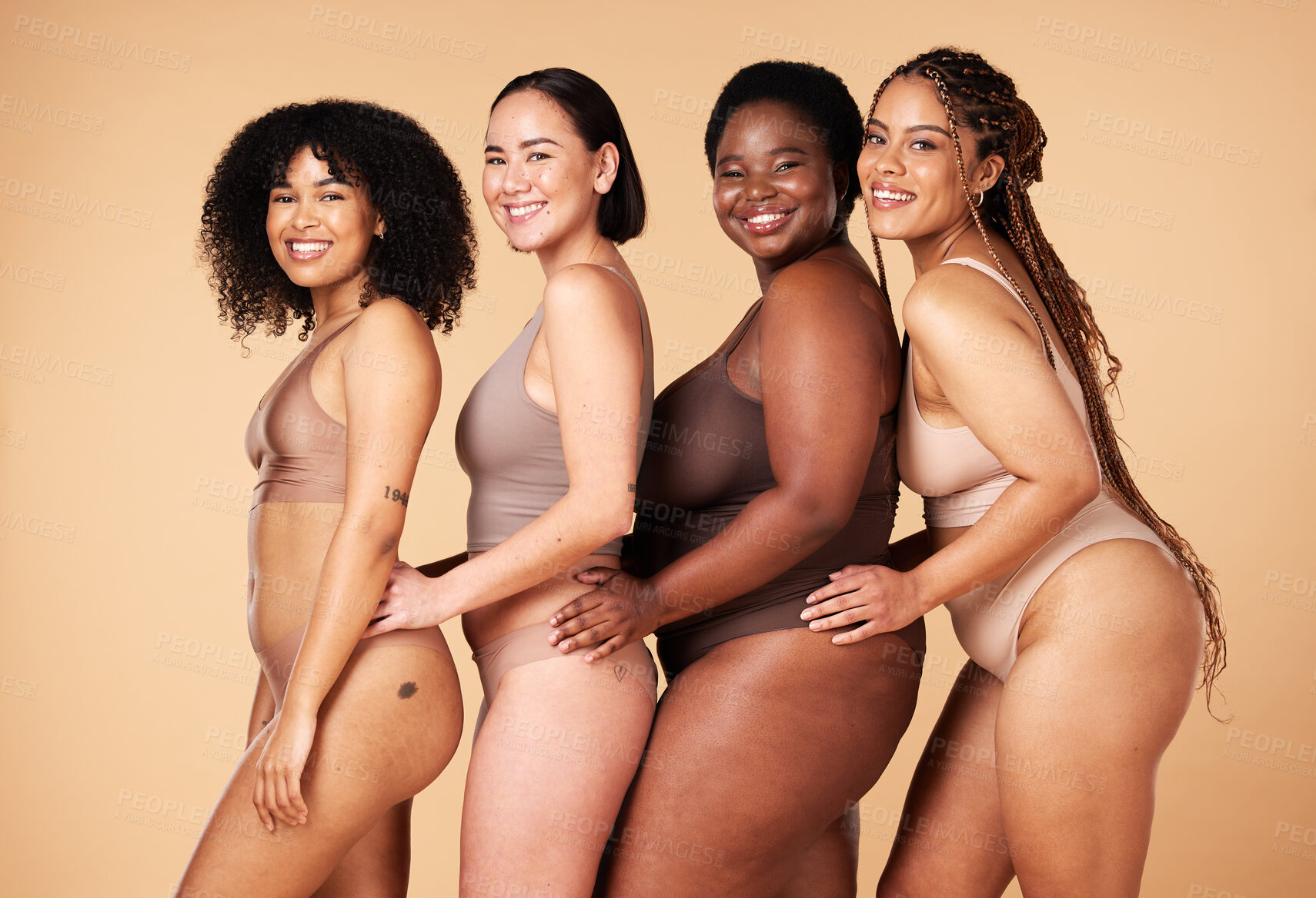 Buy stock photo Diversity women, body shape and portrait of group together for inclusion, natural beauty and power. Underwear model friends happy on beige background with cellulite, pride and self love motivation