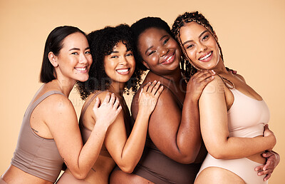 Buy stock photo Skin care, portrait and diversity women group together for inclusion, natural beauty and power. Happy plus size model friends on beige background for support, makeup glow and underwear body self love