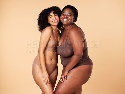 Buy stock photo Body positivity, underwear and black women isolated on studio background in skincare, cosmetics and mockup space. Lingerie, hug and diversity people, friends or international model inclusion portrait