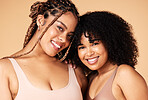 Face, friends and beauty of black women in lingerie in studio isolated on a brown background. Portrait, underwear and body positive happy girls with makeup, cosmetics or healthy skincare for wellness