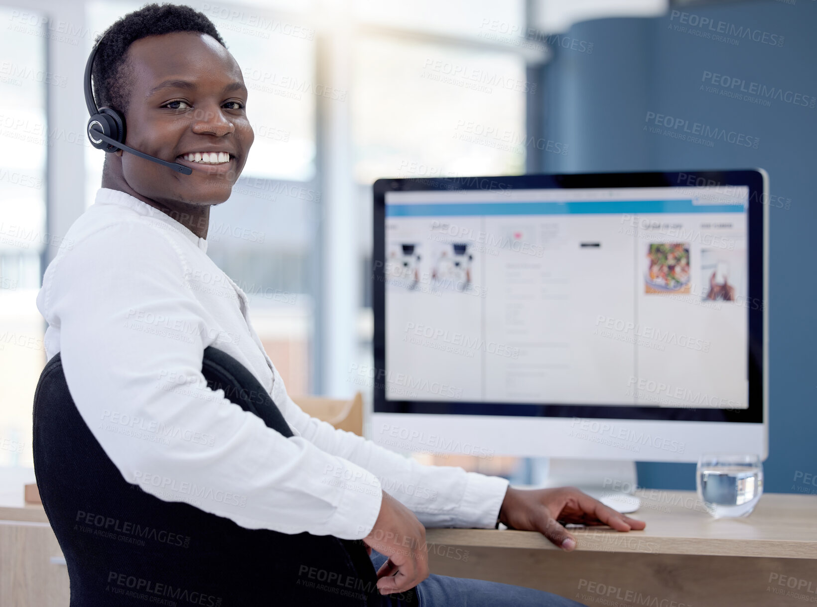 Buy stock photo Call center, computer and black man consultant, telemarketing agent or ecommerce communication worker. Website screen, technical support and telecom person portrait. virtual consulting or contact us