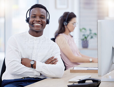 Buy stock photo Proud, call center and black man consultant, telemarketing agent or crm communication worker, telecom and smile. Professional person in office online consulting, networking or chat support portrait