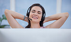 Relax, success or consultant in call center with a happy smile on target for winning a telemarketing bonus. Contact us, easy or sales woman in customer services stretching after crm goals or b2b deal