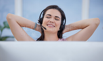 Buy stock photo Relax, success or consultant in call center with a happy smile on target for winning a telemarketing bonus. Contact us, easy or sales woman in customer services stretching after crm goals or b2b deal