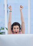 Success, winner or woman in call center excited with telemarketing sales target or goals with fists up. Wow, CRM communication or happy consultant celebrates winning an achievement or bonus deal 