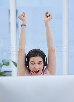 Buy stock photo Success, winner or woman in call center excited with telemarketing sales target or goals with fists up. Wow, CRM communication or happy consultant celebrates winning an achievement or bonus deal 