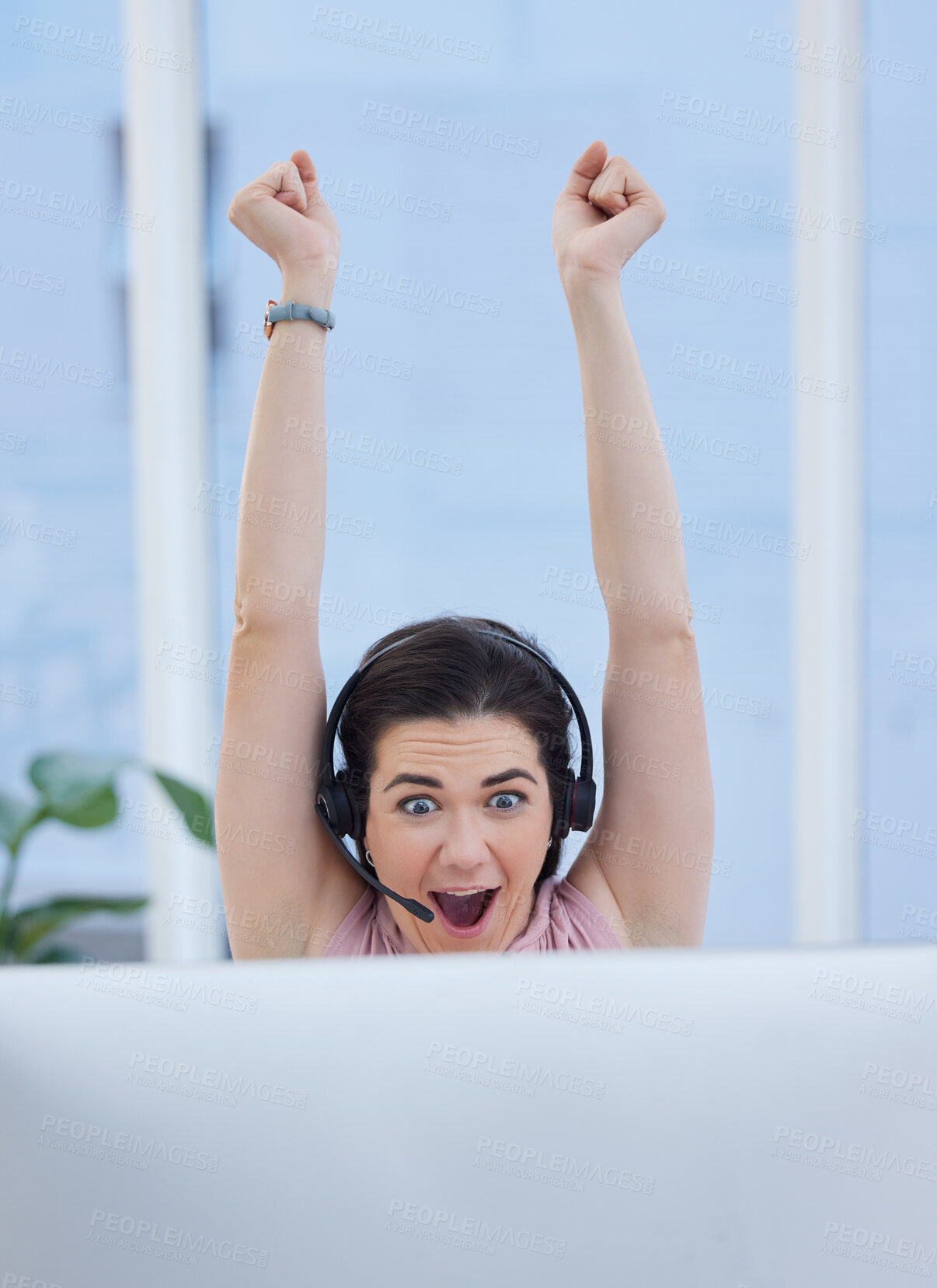 Buy stock photo Success, winner or woman in call center excited with telemarketing sales target or goals with fists up. Wow, CRM communication or happy consultant celebrates winning an achievement or bonus deal 