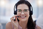 Woman, call center mic and portrait in office for consulting job with smile, happiness and glasses for goal, Crm expert, headphones and microphone in tech support, customer service and contact us