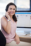 Woman, call center and portrait by computer in office for consulting job with smile, vision and glasses for goal, Crm expert, headphones and microphone in tech support, customer service or contact us