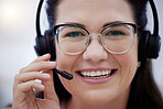 Microphone, portrait or happy consultant in call center helping, consulting or talking at customer support. Smile, face or sales woman in a crm telemarketing or communications company in conversation