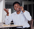 Call center, black man and communication for customer service, telemarketing and crm help desk in office. Sales agent, consultant and tech support for questions, lead generation or telecom consulting